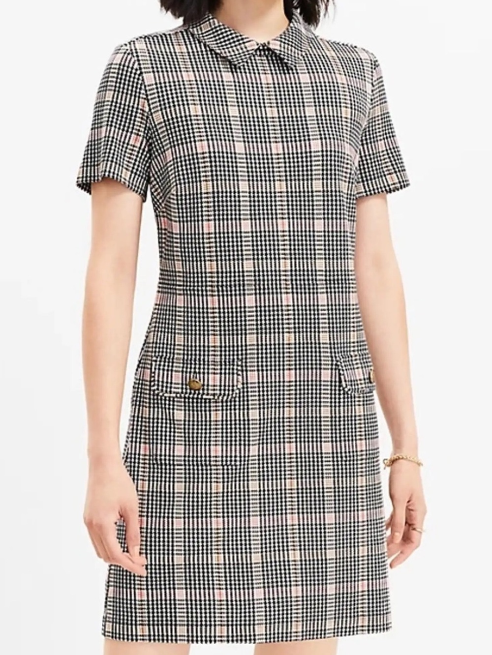 LOFT Black and Pink Houndstooth Shift Dress
